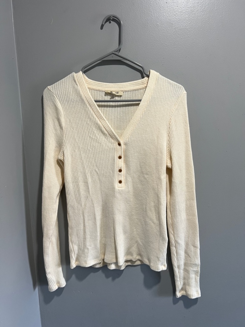 SOLD - Madewell Cream Ribbed V-Neck Henley Long Sleeve Top